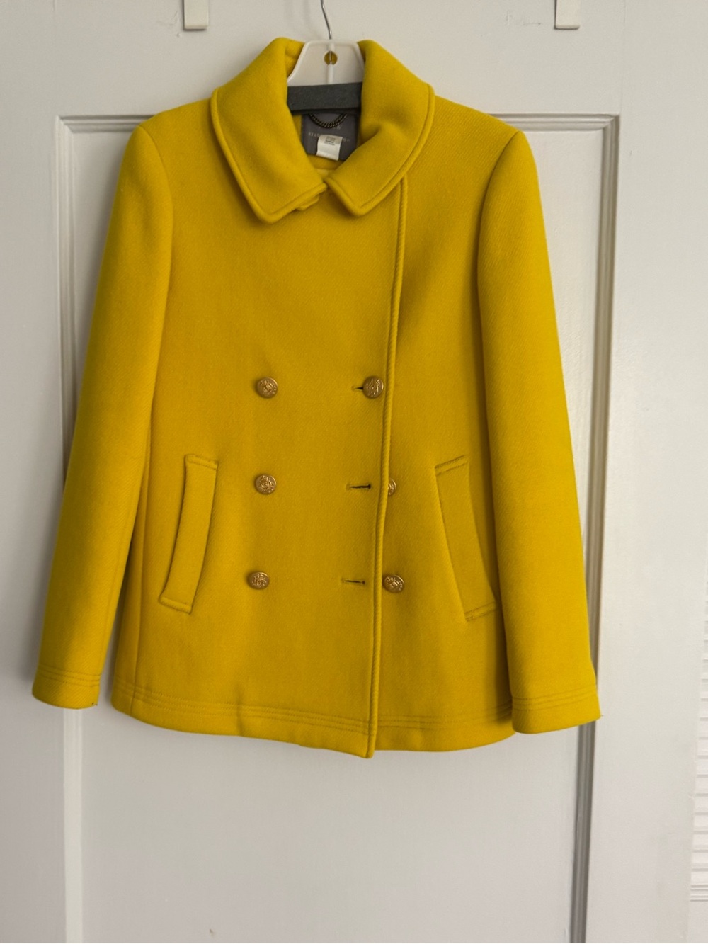JCrew coat in bright yellow